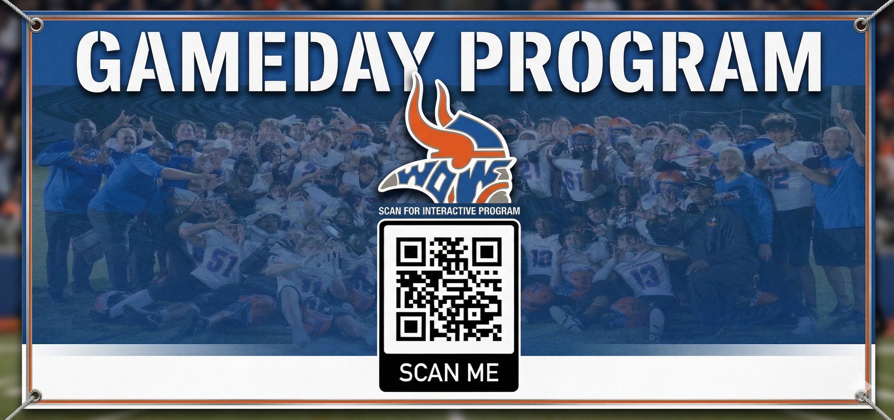 West Orange Warriors Gameday Program QR banner for the parking lot and stadium entry