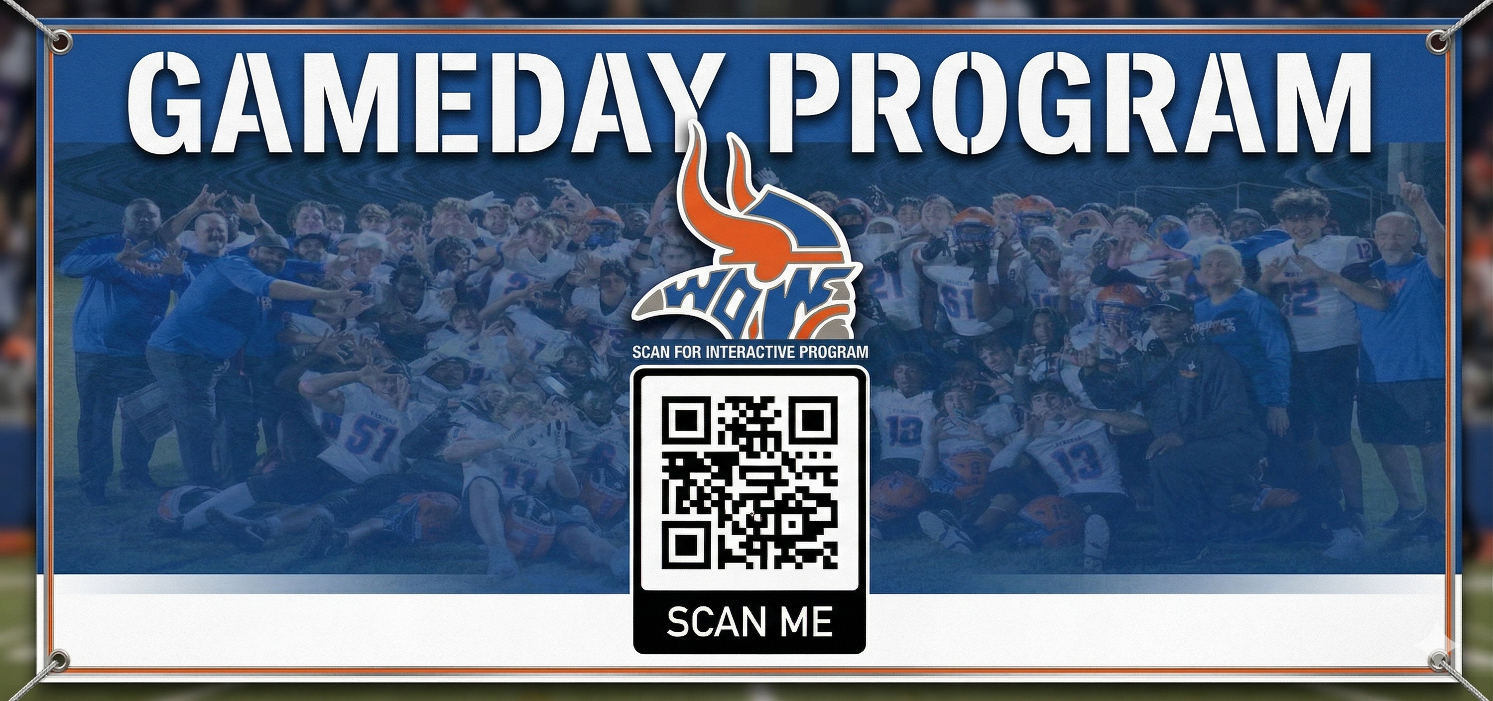 West Orange Warriors Gameday Program QR banner for the parking lot and stadium entry